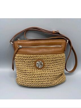 Brighton Kari Messenger Tan Straw Crossbody Bag with Leather Trim